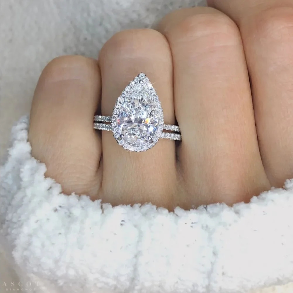 NEW! 18K White Gold Plated 4 Carat Pear Diamond Halo Engagement Ring